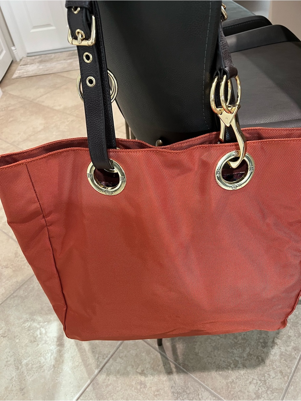 JPK Paris 75 Terracotta Nylon Tote with Dark Brown Handles and Floral Lining